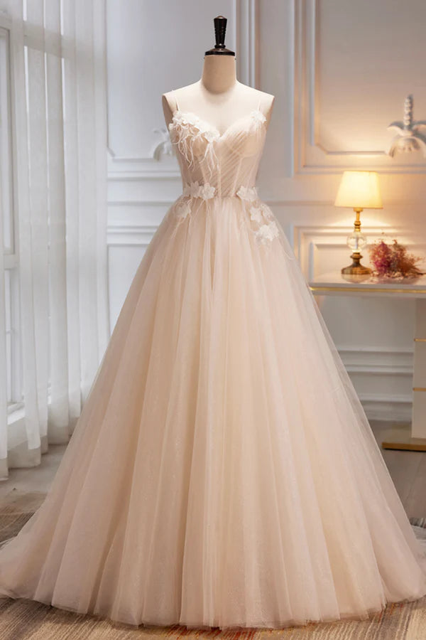 Wholesale Champagne Spaghetti Strap Tulle Formal Dress with Feathers Cute A-Line Evening Dress